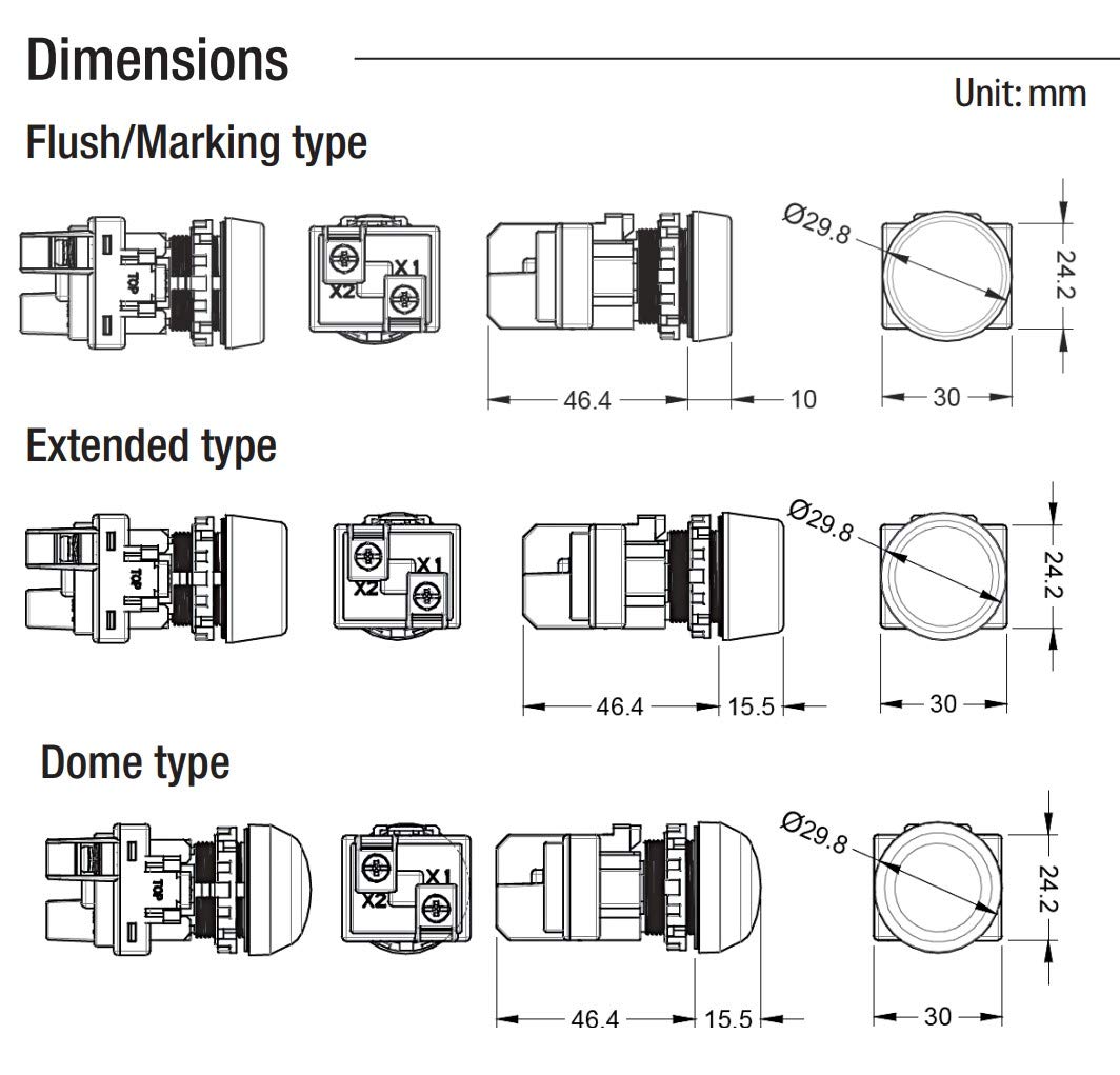 A20P-1EQ3R, 22mm LED Pilot lamp, Flush Type, 12V AC/DC, Red Lens