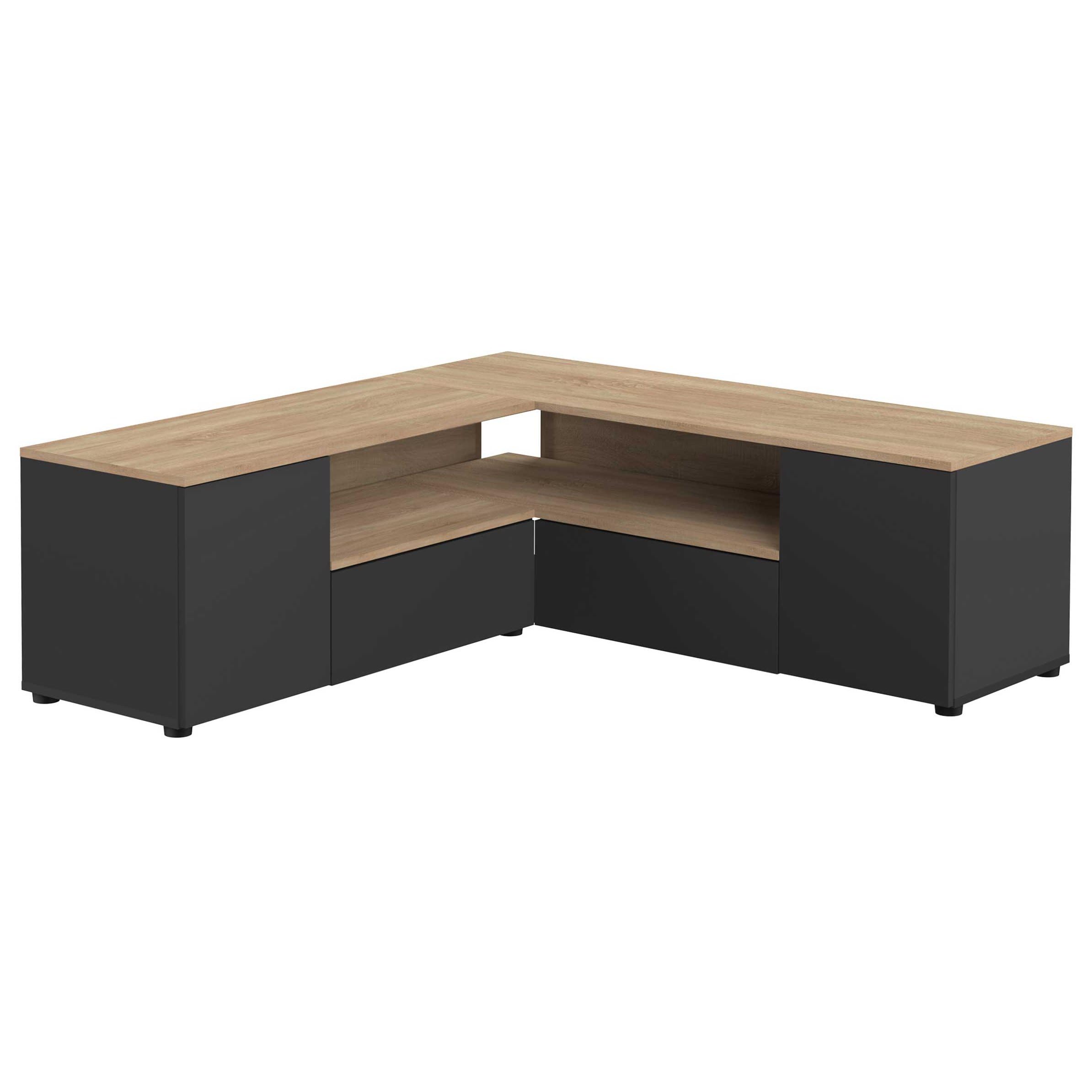 Symbiosis Angle, Tavolino porta tv angolare, Nero e Rovere Naturale 130x130.05x45 cm