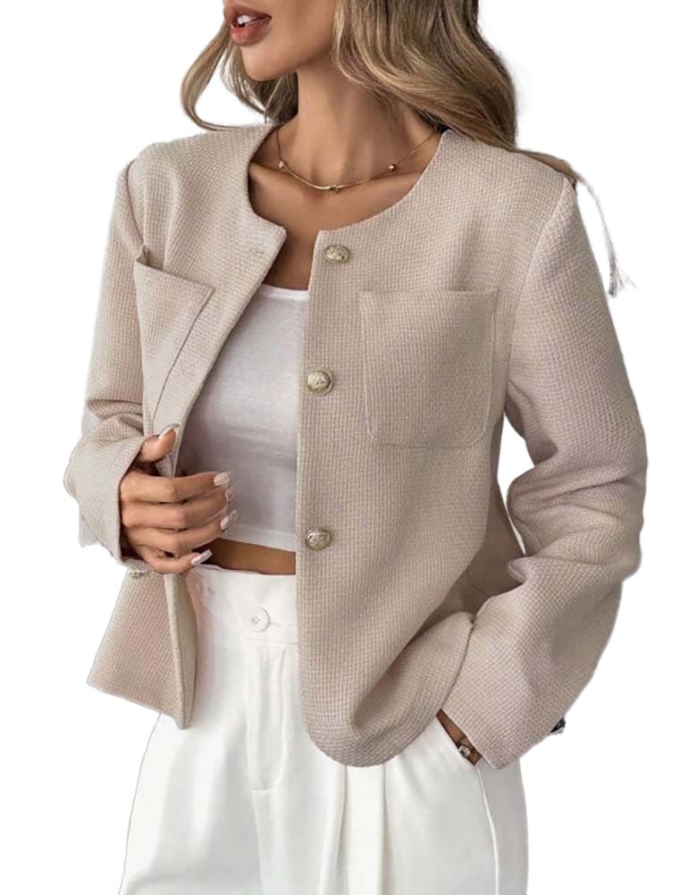 Mywinway Tweed Blazers for Women Fall Winter Business Button Down Casual Dressy Cropped Suit Jackets with Pockets