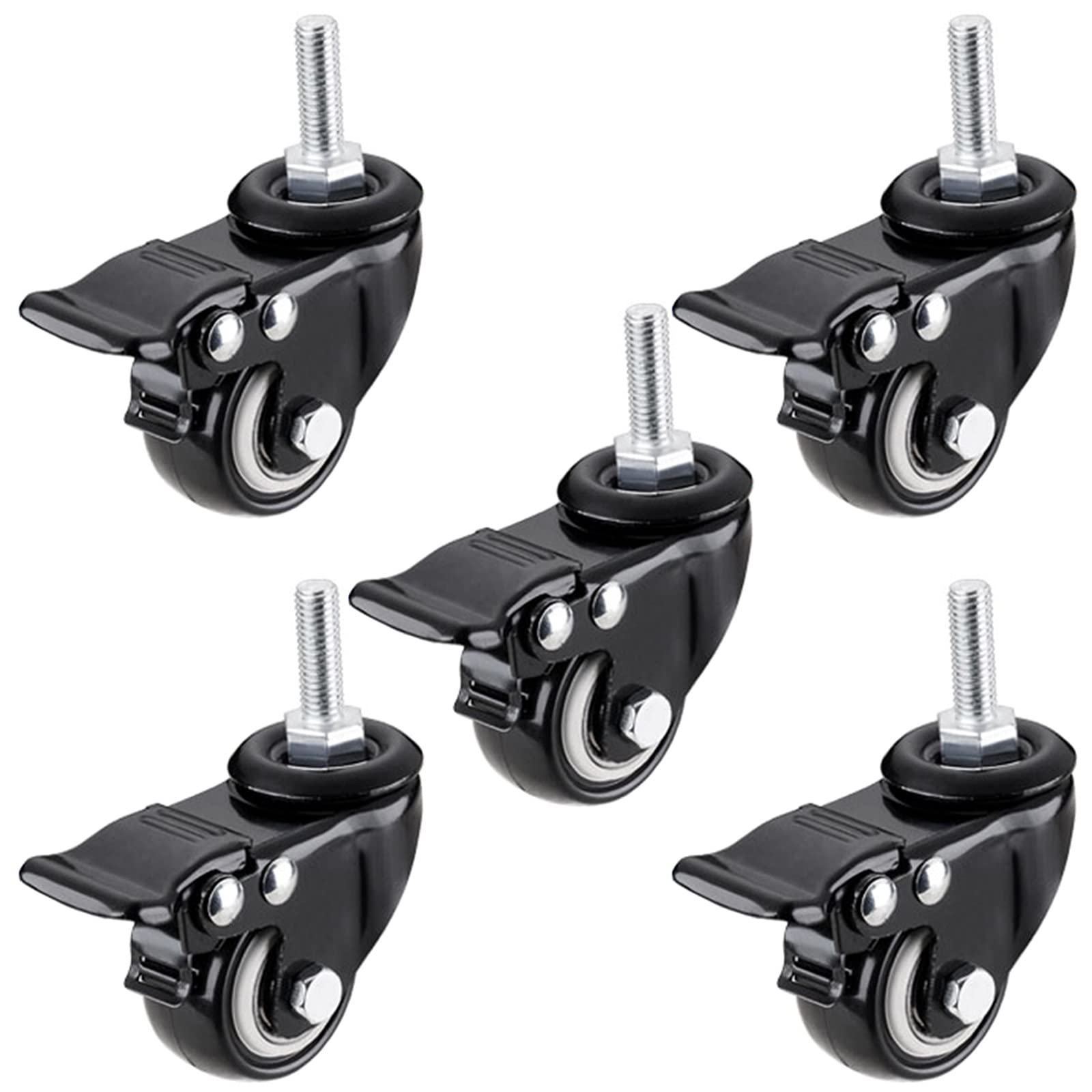 LLDSB026 2inch Shopping Cart Casters,5 pcs M8x 25mm Threaded Stem Castor Wheels, 496lb/225kg Load Capacity,Rubber Swivel Trolley Furniture Caster with Brakes(Size:50mm/2in)