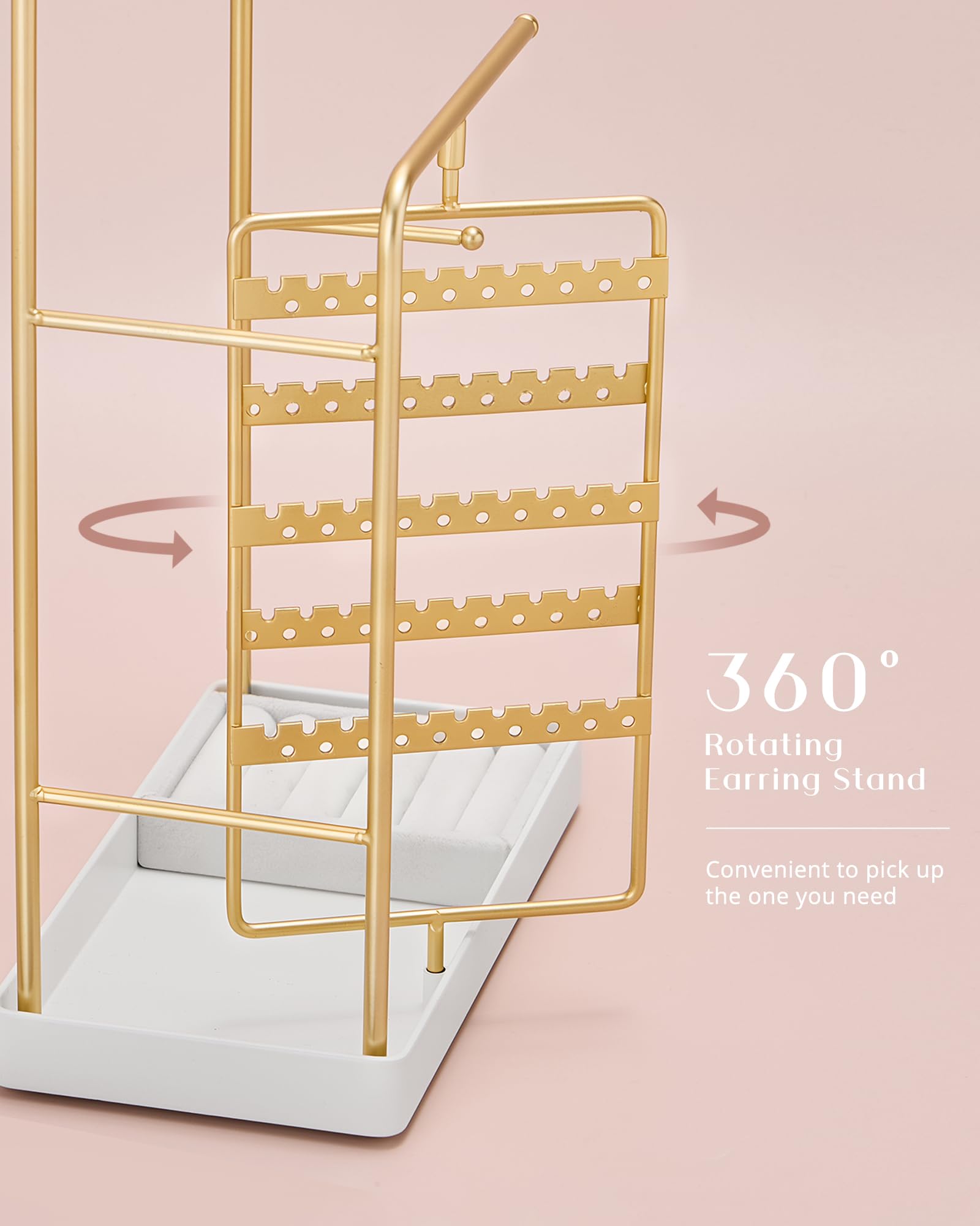 ProCase Jewelry Display Stand Holder, Jewelry Organizer and Storage with Velvet Ring Tray, Rotating Earring Display Bracelet Necklace Holder, Aesthetic Gifts Room Dorm Decor for Teen Girls -Gold