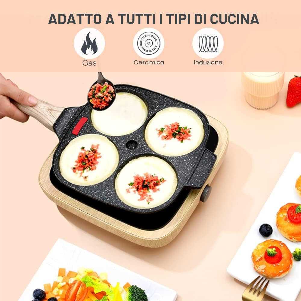 Padella Pancake, Pankache Padella Antiaderente Padella per Frittata a 4 Fori in Alluminio Per Colazione Hamburger Uova Fritte, per Induzione e Gas (Nero)