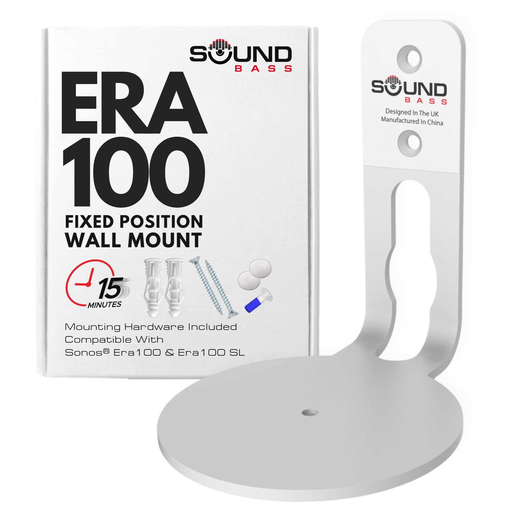 Sound Bass ERA 100 Wall Mount Bracket, Low Profile, White, Single Unit, Compatible with Sonos ERA100 & ERA 100 SL Speaker, Complete with All Fixing Hardware