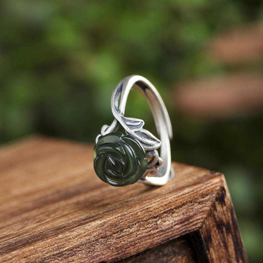 Vintage Estilo Chino S 925 Anillo De Plata De Mujeres Abierto Incrustaciones De Jaspe Rosa Flores Regalo Creativo De Moda De Tendencia De Personalidad Temperamento Elegante