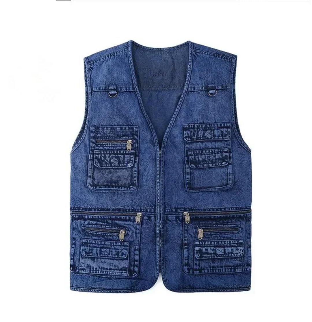 Gilet da uomo in denim di cotone solido Multi-tasca sciolto giacca senza maniche maschio escursionismo pesca gilet da viaggio Plus Size