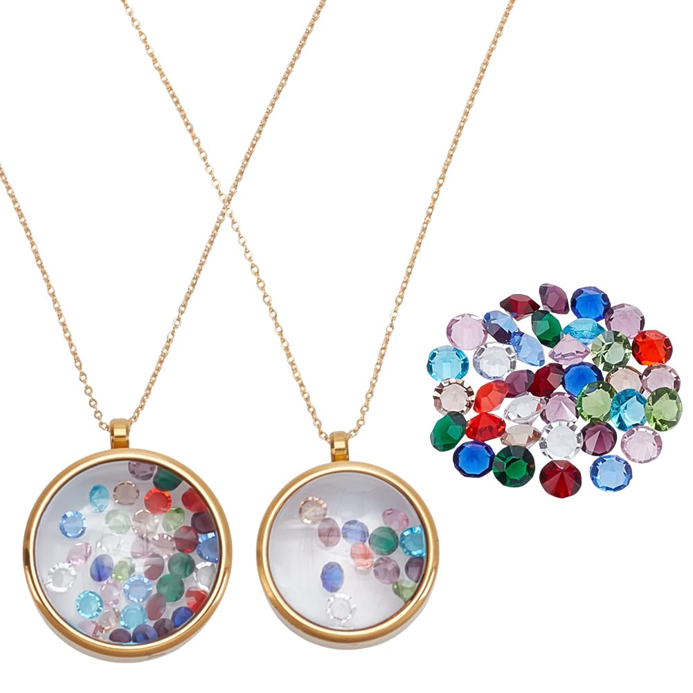 PLIGREAT 2 Stück Lebende Schwebende Erinnerungskette Rundes Edelstahl Medaillon Mit Strasssteinen Ketten Und Glas Fotoanhängern (Größe 2) – ideal Für Damen Und Zum Selbermachen von Schmuck. Gold
