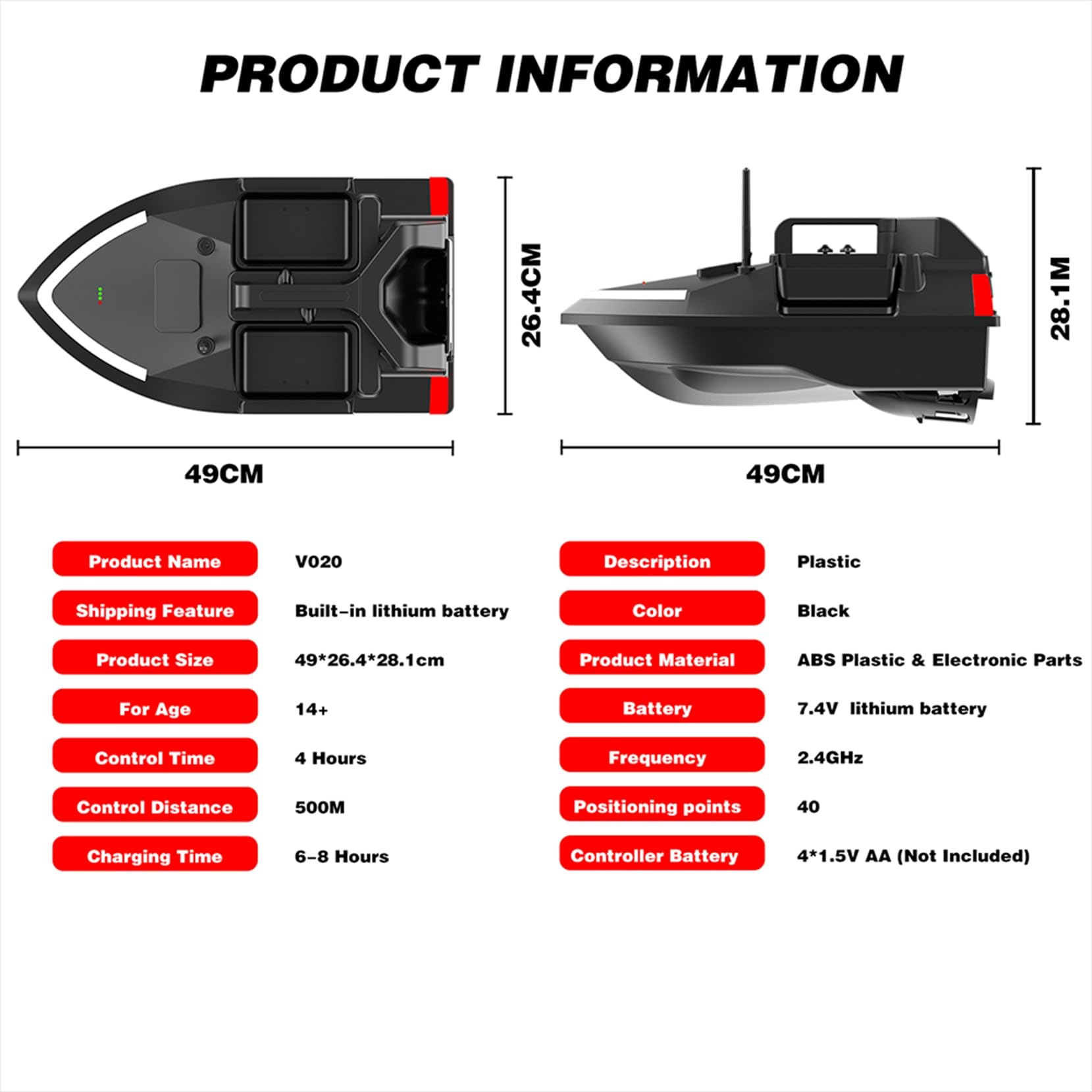 Barco de pesca inteligente GPS RC cebo, crucero automático, doble motor, tres tolvas, gran capacidad, luz nocturna LED, buscador de peces, barco, 12000 mAh (negro)