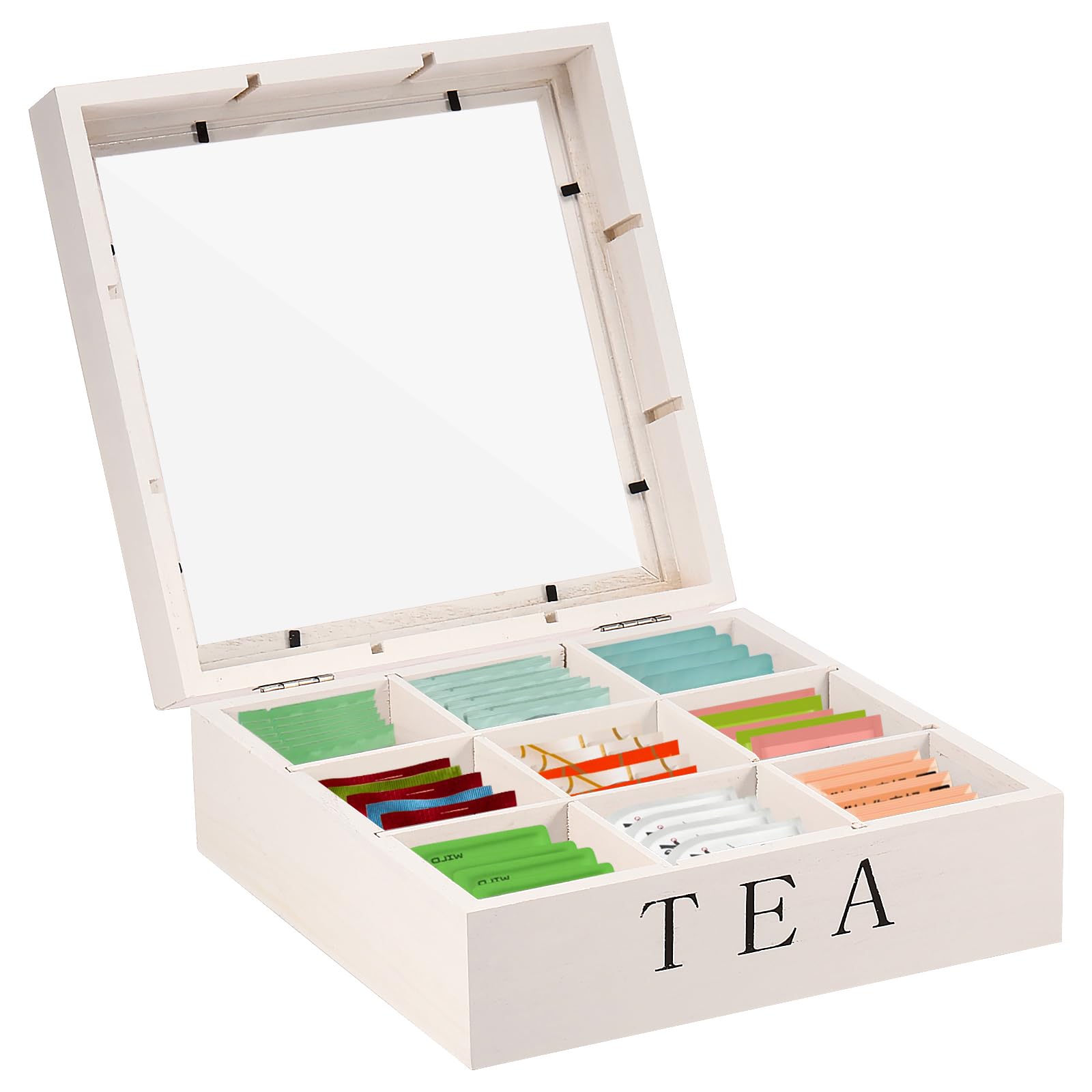 Nihuifdpy White Tea Bag Holder Wood Tea Box Organizer With Clear Lid 9 Compartments Tea Caddy For Coffee Station, Kitchen Countertops, Cabinets, Sugar Packet, Sweeteners, Small Packets(White)