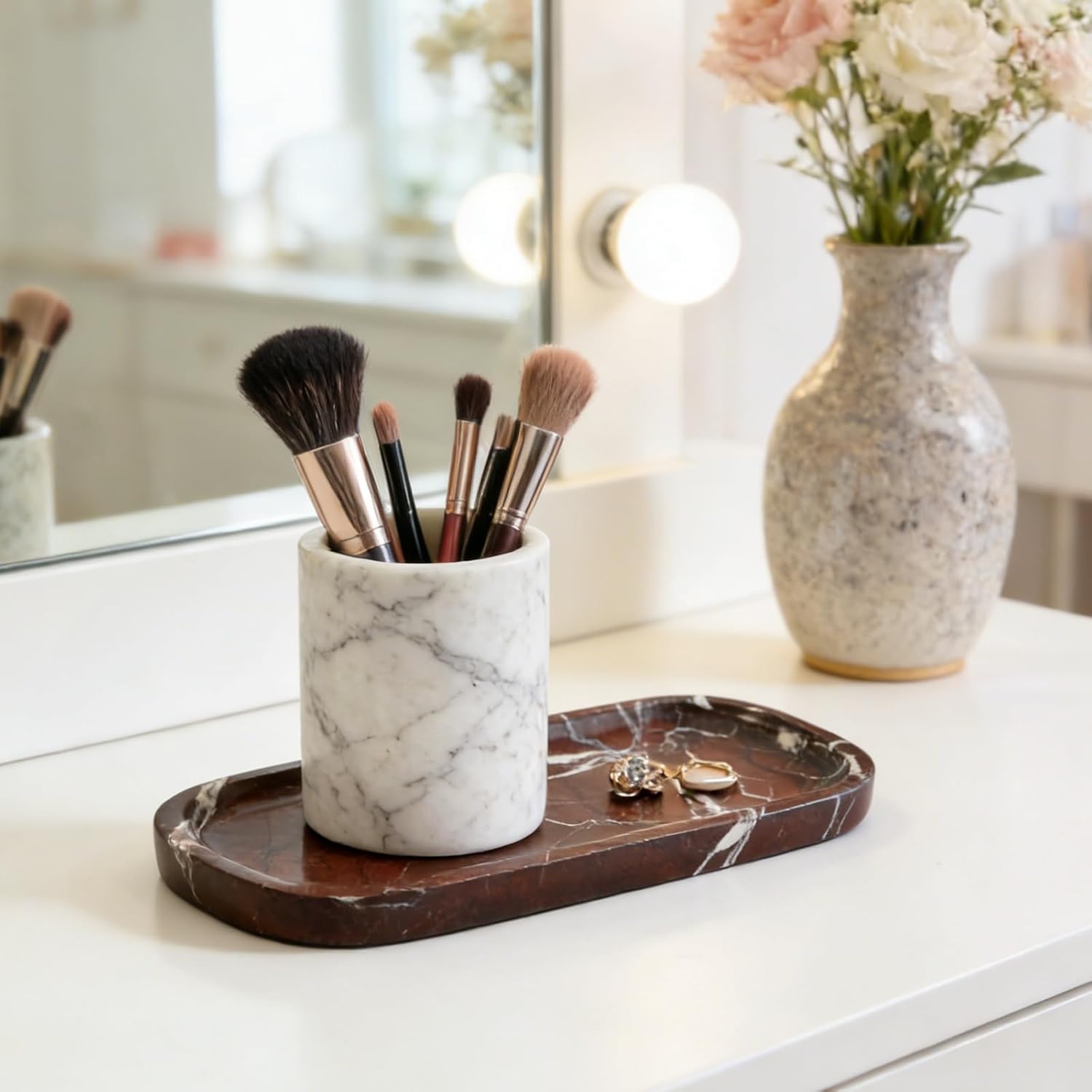 Koville Marble Tray, 10"x5" Marble Vanity Tray for Bathroom Countertop Kitchen Sink, Rectangular Stone Tray for Perfume Fragrance, Decorative Catchall Tray Jewelry Cosmetics Organizer(Red)