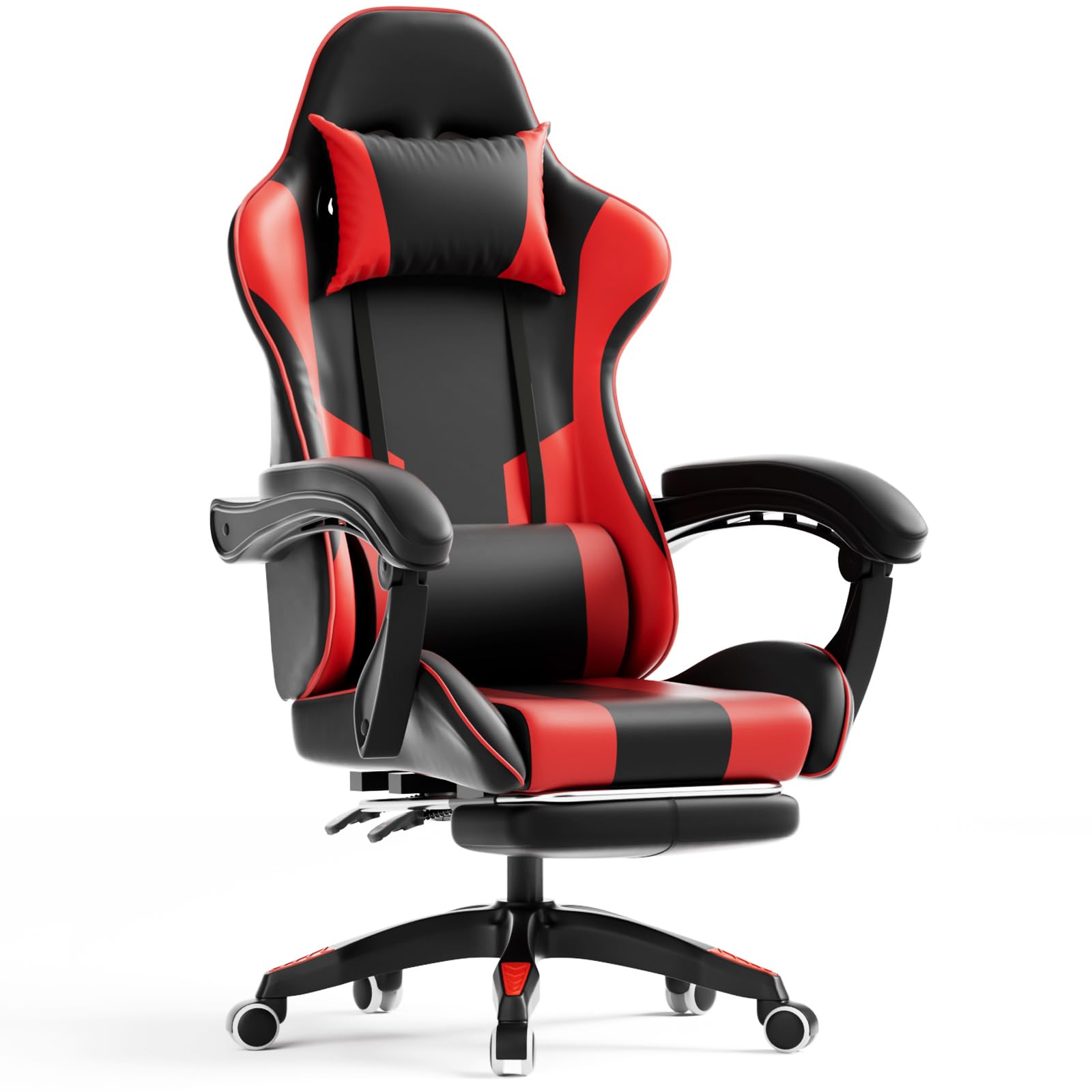 Invoker Gaming Stuhl, Ergonomischer Gaming Sessel Computer Bürostuhl mit Fußstütze, Gaming Chair, 90-135° Rückenlehne einstellbar PC Stuhl mit 360° drehbar, Schwarz & Rot