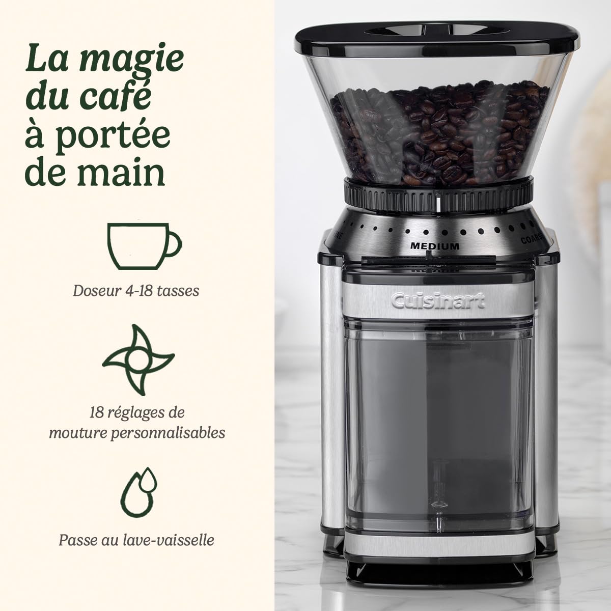 CUISINART Moulin à café pour la maison | 4-18 tasses | 18 réglages de mouture | Différentes intensités d'infusion - espresso, infusion à froid, latte, cappuccino | lavable au lave-vais