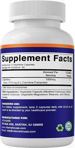 Miniatura 8 de Vitamatic L-Carnitina Fumarato 1000 mg - 120 Cápsulas Vegetales (3 Botellas)