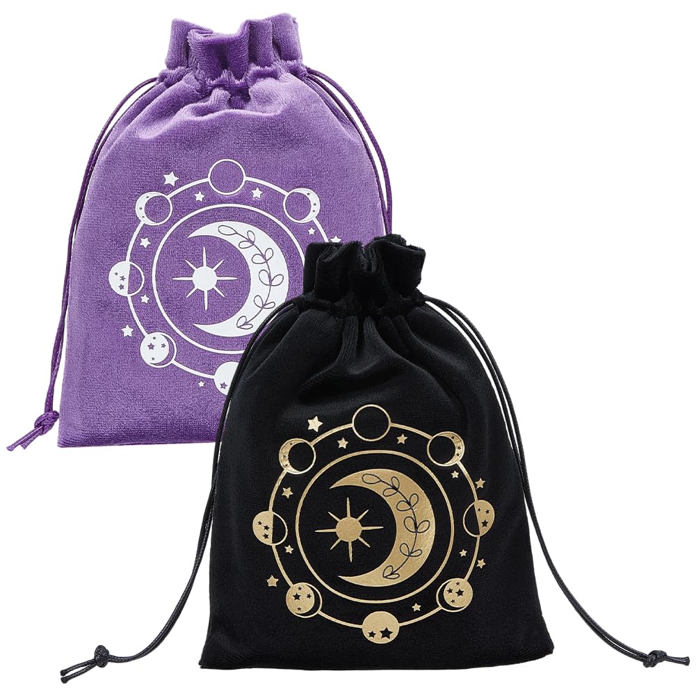 CREATCABIN 2Pcs Moon Tarot Cards Storage Bags Velvet Bags with Drawstrings Tarot Cards Dice Deck Holder Pouches Bag Purple Black Tarots Jewelry Storage Wrap Bag for Crystals Dices Witchcraft 5x7Inch