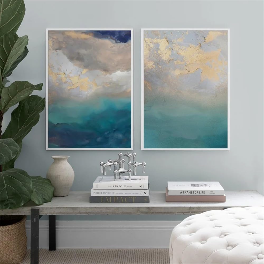 WBYZAC 2 Pieces Poster-Abstract Dream Colors Gold Cyan Wall Art Canvas Painting Gallery Nordic Posters Prints Modern Pictures for Living Office Room Decor-60 * 70cm (No Frame)