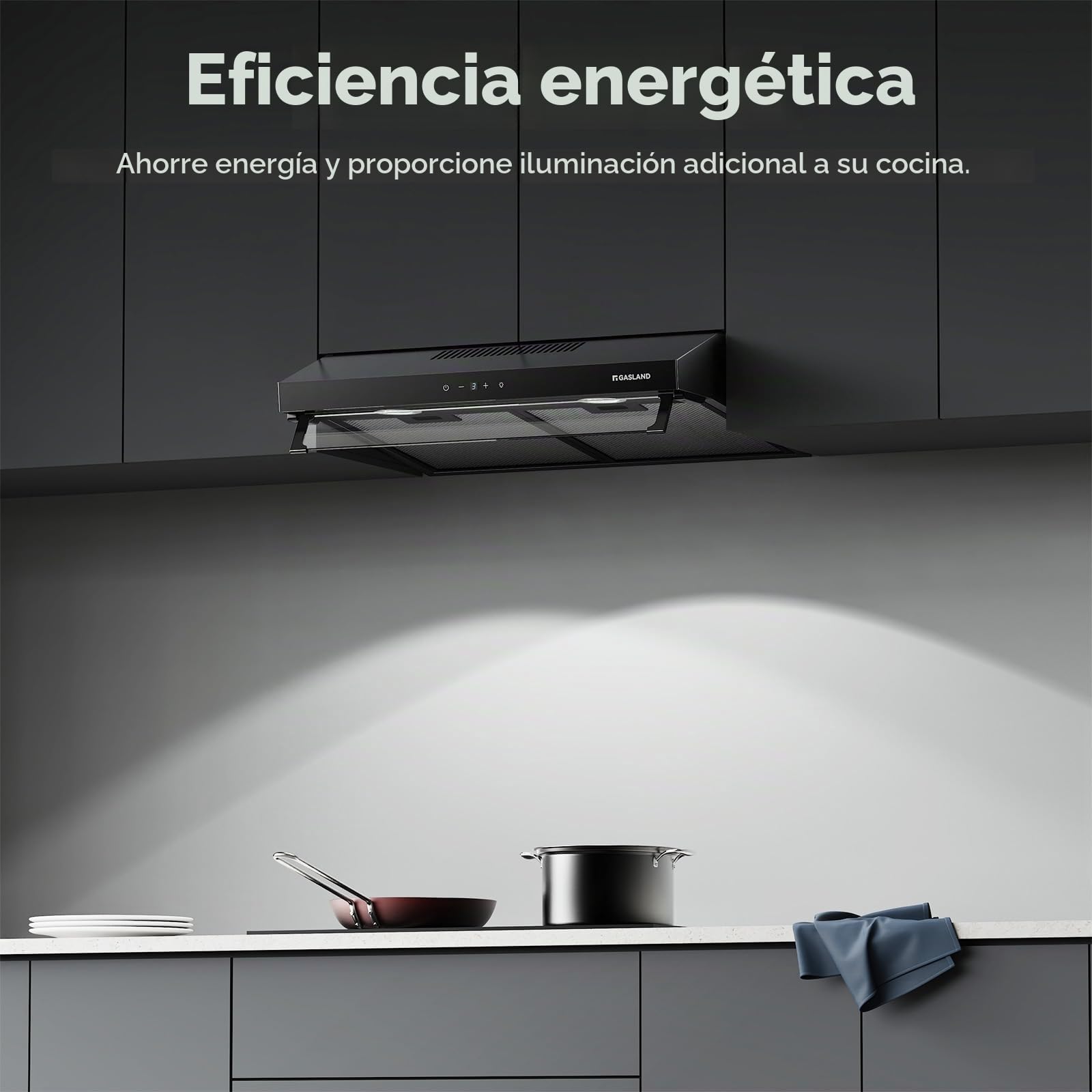 GASLAND UC60BS Campana Extractora de Doble Motor 60 cm, Modo Recirculación, Extracción Silenciosa 333 m³/h, 3 Niveles Control Táctil, Campana de Cocina Suspendida de Metal Negro con Filtro de Carbón