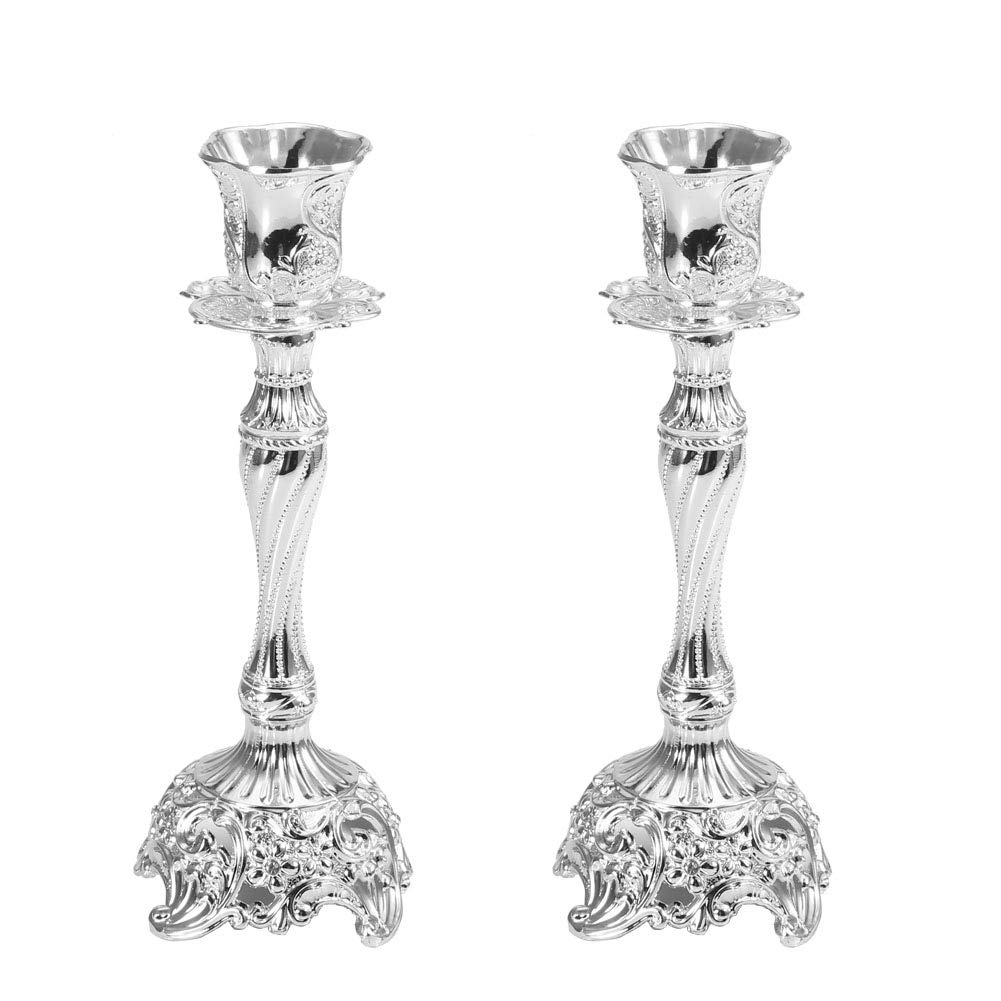 European Classical Candlestick Holder Set, 2 Pcs Silver Candle Sticks Stands Single Head Ornate Candle Holder for Living Room Ornaments Table Centrepieces