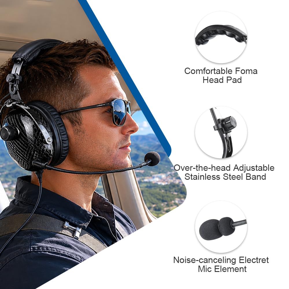 Cuffie aviazione in fibra di carbonio con riduzione passiva del rumore, compatibilità mono e stereo, microfono con cancellazione del rumore, ingresso MP3, include borsa per cuffie
