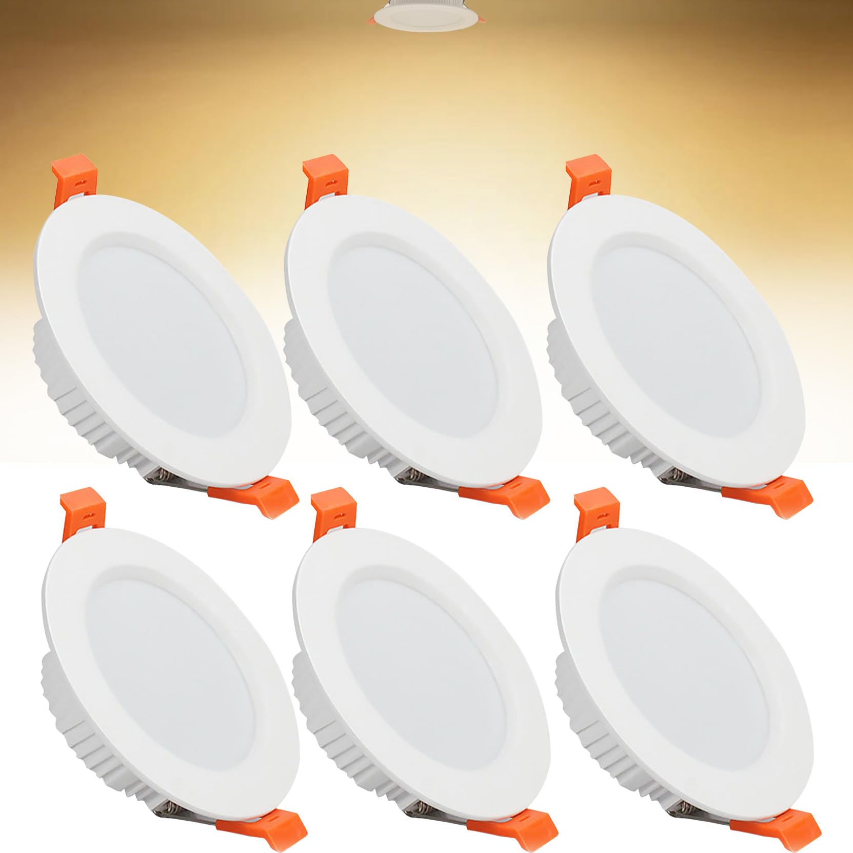 9W LED Recessed Ceiling Spotlights, 3000K Warm White Ultra Slim Panel Light, Cut Φ90-100mm, AC110-240V Round Downlights for Living Room Office, 6 Pack