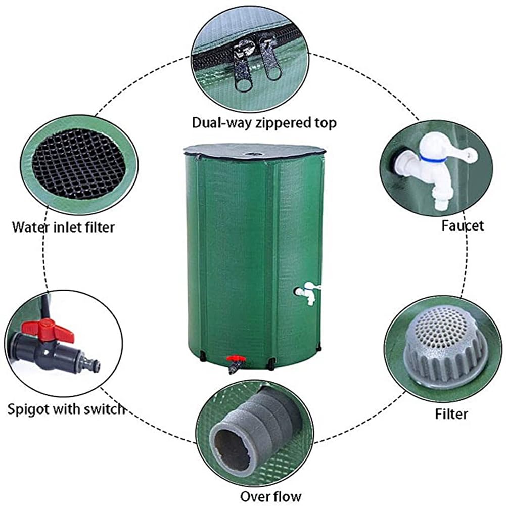 Barril de lluvia plegable, sistema portátil de recogida de agua de lluvia con espiga y kit de desbordamiento, tanque de almacenamiento de agua de jardín