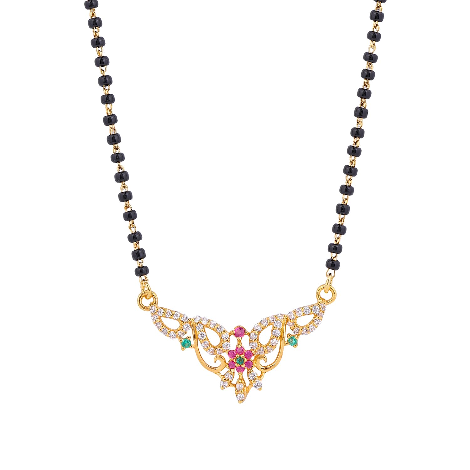 925 Sterling Silver Traditional Mangalsutra Necklace with CZ Diamond Floral Pendant, Black Beads Chain 18K Micron Gold Plated | Hypoallergenic | Pure Silver Gift For Wife
