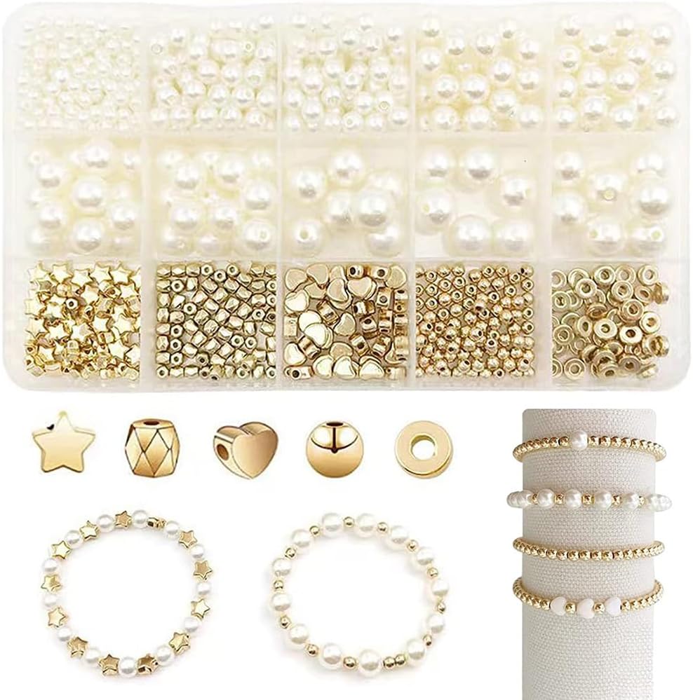 Bmeigo 720pcs Spacer Beads Bracelet Making Kit, Loose Imitation Pearls Acrylic Beads Round Flat Gold for Decorations Necklace Jewelry Crafts Gift DIY