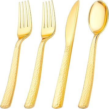 KIRE 400PCS Gold Plastic Silverware - Extra Heavy Duty Hammered Silverware Disposable Set, Gold Utensils Set Include 200 Forks,100 Knives,100 Spoons for Party/Wedding/Fathers Day