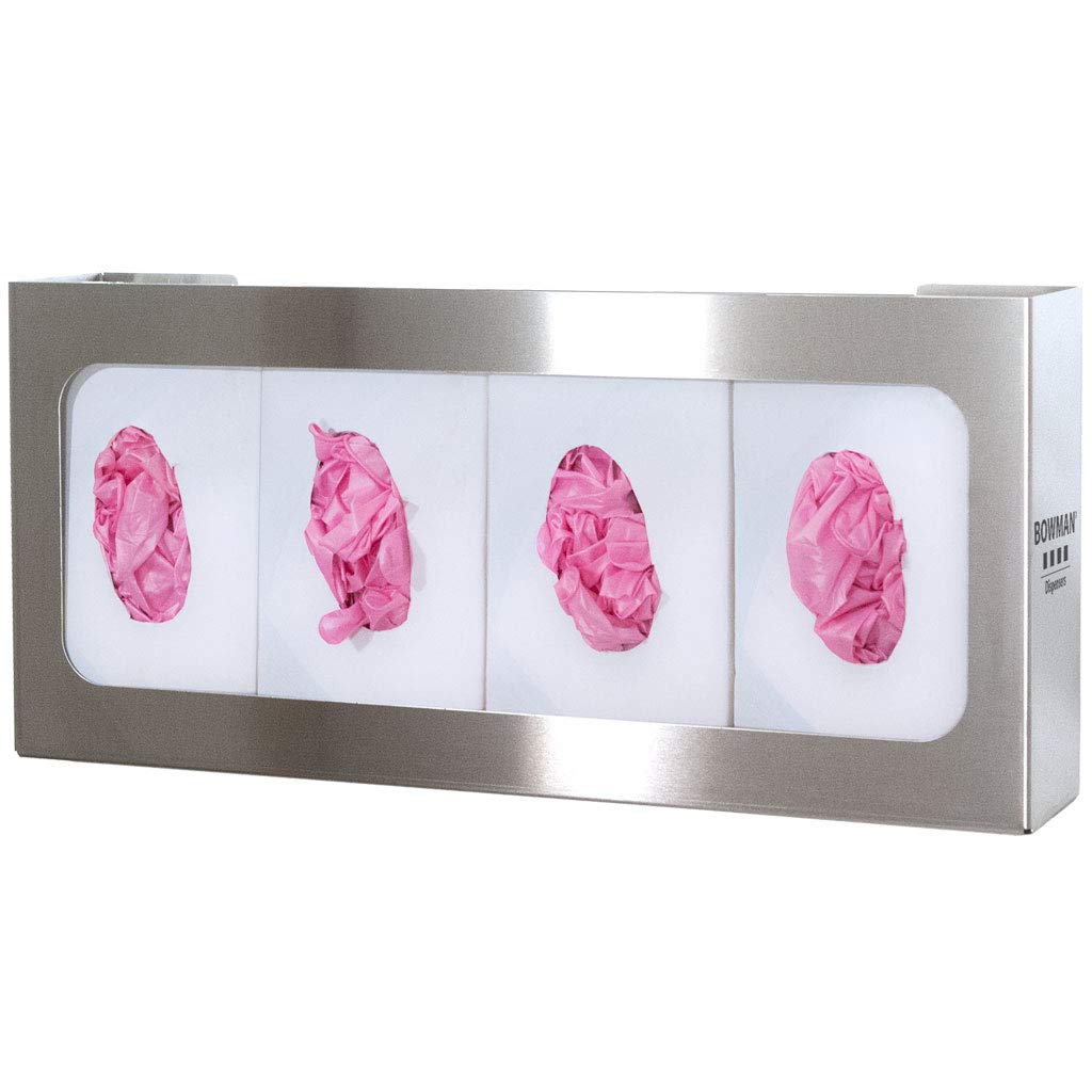 Bowman DispensersQuad Glove Box Dispenser, Stainless Steel, Non-Divided, Wall Attachment, Made in USA, 3.81 Inch L x 22.32 Inch W x 9.99 Inch H