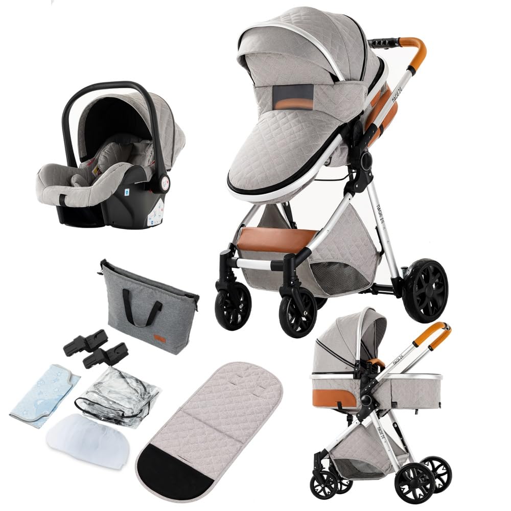 Passeggino 3 in 1 Reversibile Struttura in Alluminio con Seggiolino Auto | Colore grigio chiaro, culla alta e tettuccio regolabile, funzionale e resistente