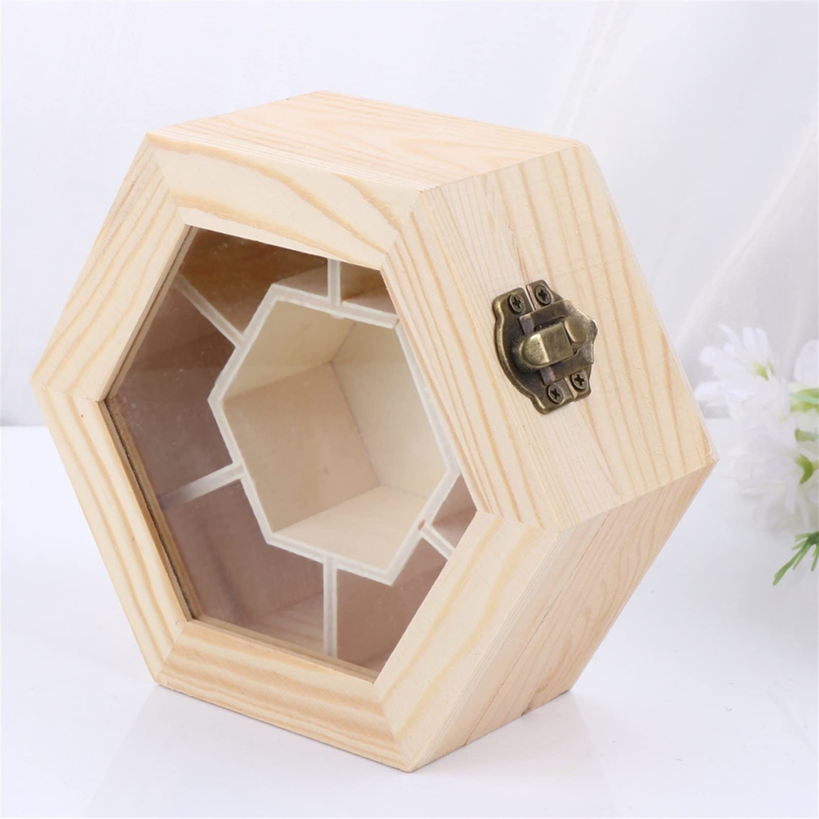 XBTGS Uhren-Display-Box, sechseckig, Holz-Schmuck-Organizer mit Glasdeckel und Schloss, Uhrenschmuck-Organizer zur Aufbewahrung und Präsentation von Uhrengehäusen für Herren