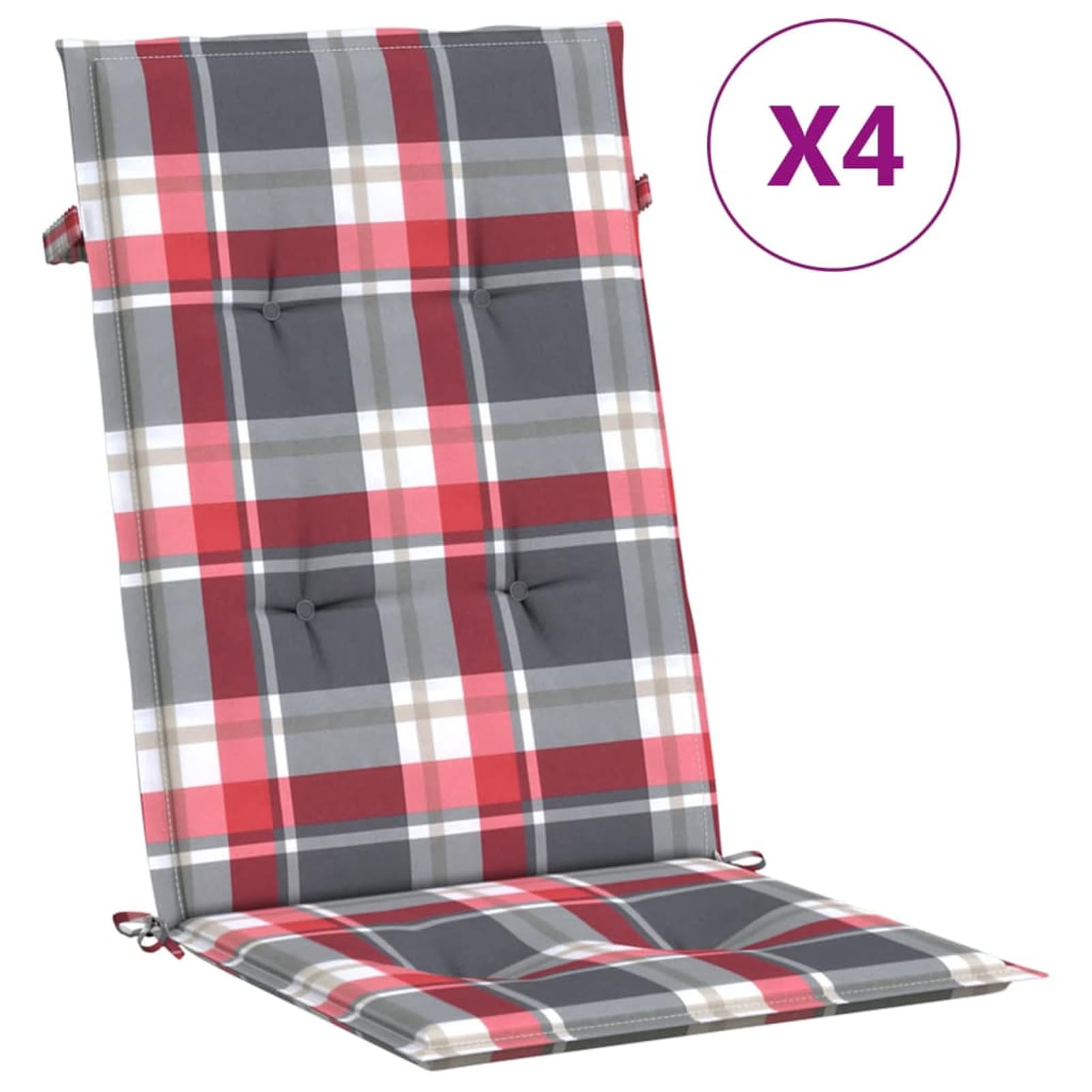 LAPOOH Cojín Silla jardín Respaldo Alto 4 uds Cuadros Rojo 120x50x3 cm, Cojines para Butacas De Jardin, Cojines Sillas Cocina, Cojines para Sillas De Terraza, Cojin Silla Exterior