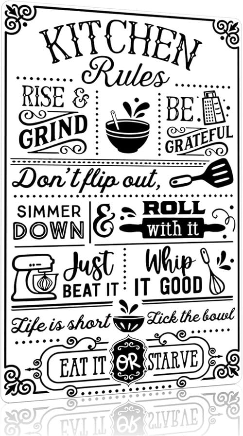 Horienteeon Funny Kitchen Wall Decor Kitchen Rules Sign 14x20cm Aluminium Humorous Cooking Quotes Vintage Signs for Home Farmhouse Dining Room Decor