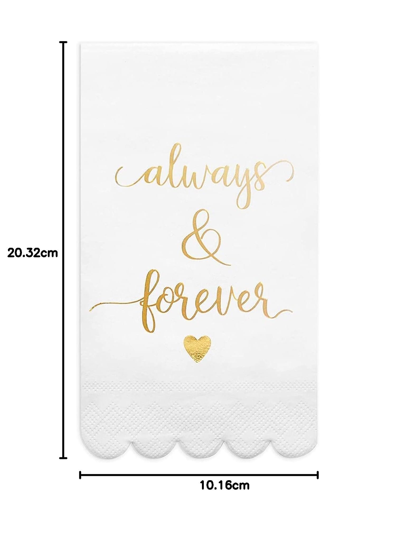Confezione da 100 tovaglioli bianchi per ricevimenti di nozze con bordi smerlati in lamina dorata, Always and Forever (3 veli, 10 x 20 cm)