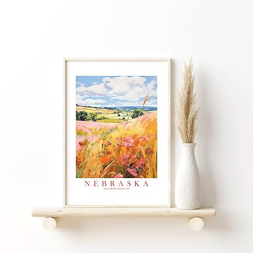Miniatura 5 de Nebraska Travel Print Cornhusker State Souvenir Yellow Orange Pink Wall Art Retro Poster Scenic Landscape Painting (8x10 inches)