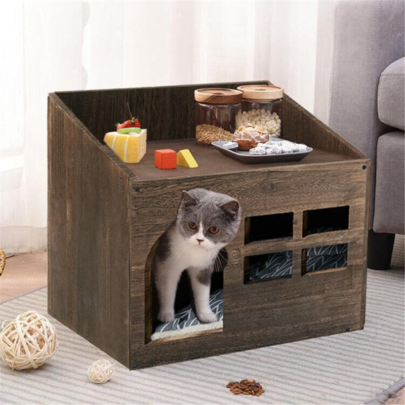 Sabri SHOPEE Wooden Cat House for Indoor Cats, Premium Durable Pet Shelter, Modern Design with Multiple Entry Points Cat Kittens & Small Pets Home Indoor Shelter (Wood Brown, Box Style Cat House) 2