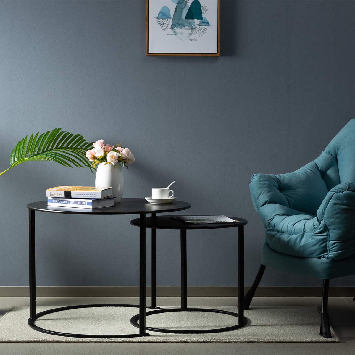 HollyHOME Modern Round Side Table Set of 2, Contemporary Accent Coffee and Snack End Table with Metal Frame, Nesting Tea Table for Living Room, (D) 27.56" x(H) 19.69", (D) 19.69" x(H) 15.75", Black