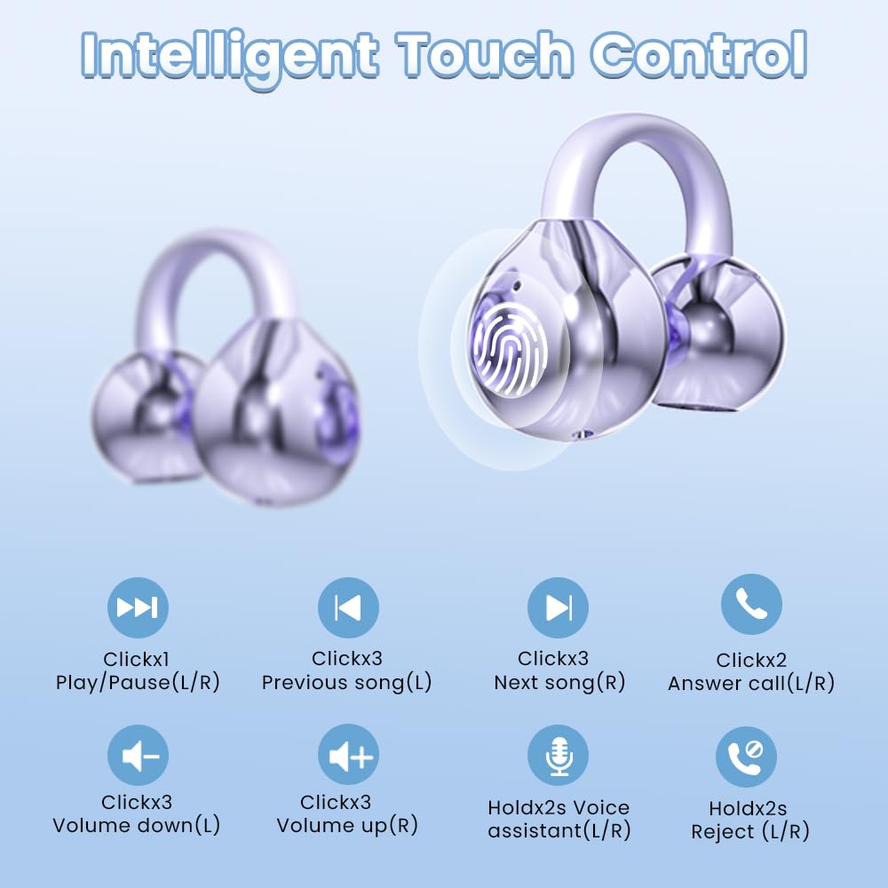 Auricolari a clip senza fili Bluetooth 5.4 con microfono, 60 ore di riproduzione, cancellazione del rumore, impermeabili, sportivi, comodi per orecchie piccole e portatori di occhiali