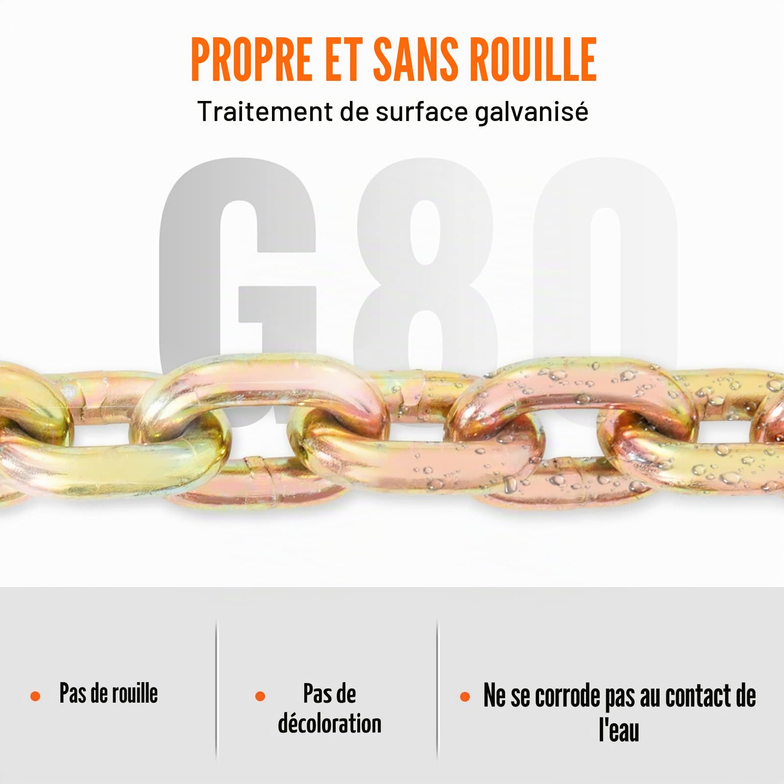 VEVOR Chaîne de Transport Crochets Lot de 2 Chaine de Reliure de Remorquage G80 Capacité Charge 3220 kg​​ 9,53 mm x 6 m Revêtement Galvanisé Acier au Manganèse pour Chantier de Construction Usine Quai