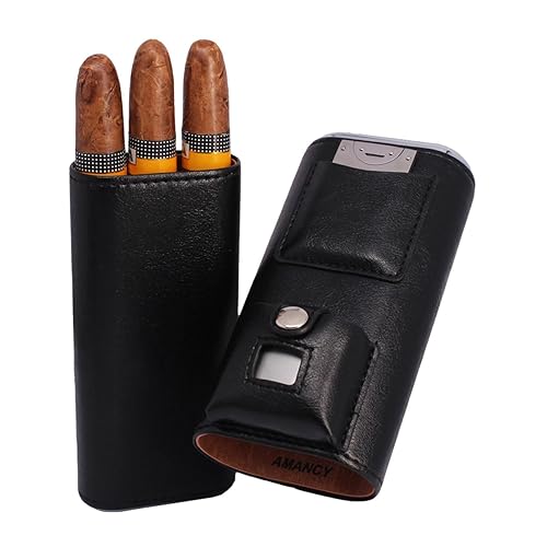 Miniatura 5 de AMANCY Superior 3 soportes de cuero negro cedro forro de madera de cigarros caja de cigarros con encendedor y cortador kit de regalo completo