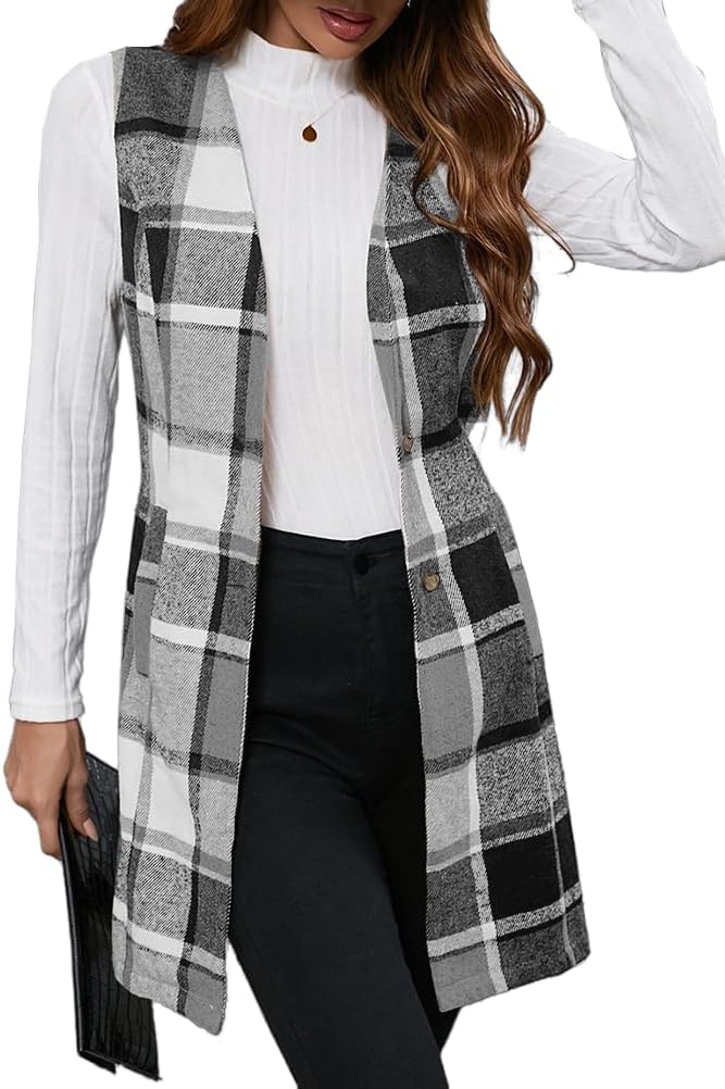 IDEALSANXUN Long Plaid Vest for Women Fall Winter Trench Coat Sleeveless Blazer Jacket Cardigan Wool Vest Top Waistcoat