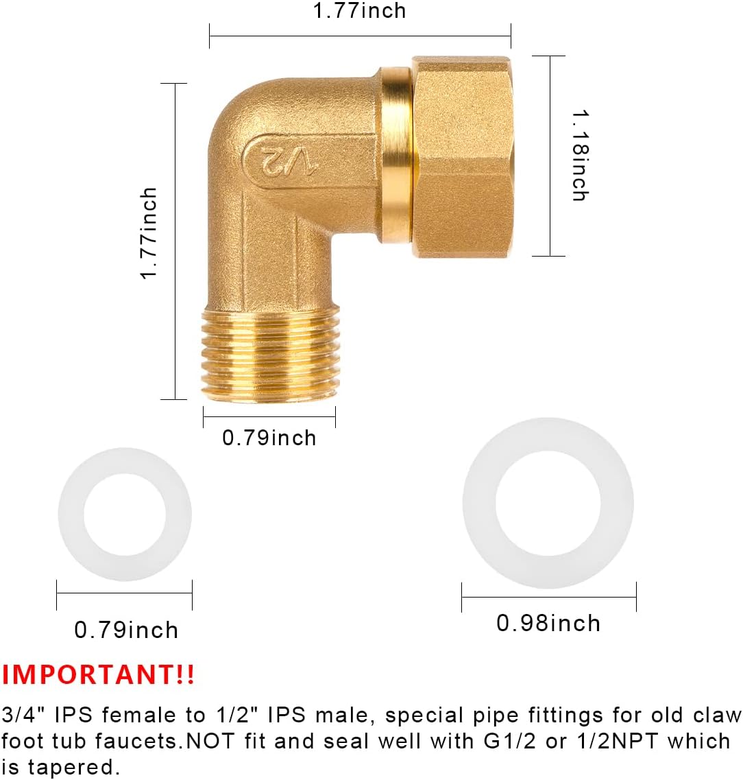Old Clawfoot Bath Tub Mount Faucet Brass Installation Kit Elbows Adapter Connector Mount Set to Water Line, 3/4 IPS Female to 1/2 IPS Male, 2 Pack