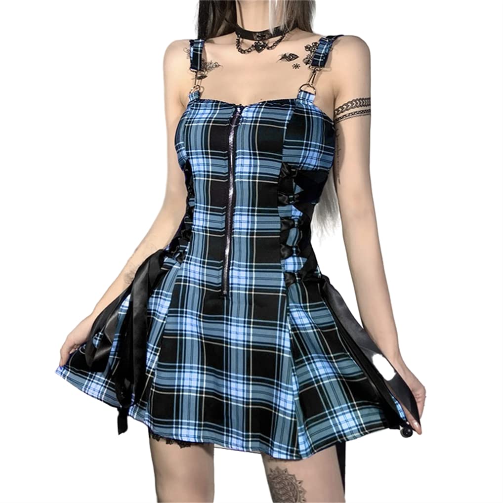 TOMETO STAR Goth Dress Blue Plaid Spaghetti Strap Dress Gothic Punk A-line Lace-up Overall Dress Backless Sleeveless, Blue Plaid Spaghetti Strap Dress, M