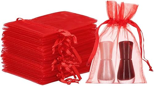 Bolsas de regalo de organza, 50 unidades con cordón de 5 x 7 pulgadas, color rojo para baby shower, cumpleaños de niña, recuerdos de fiesta, boda