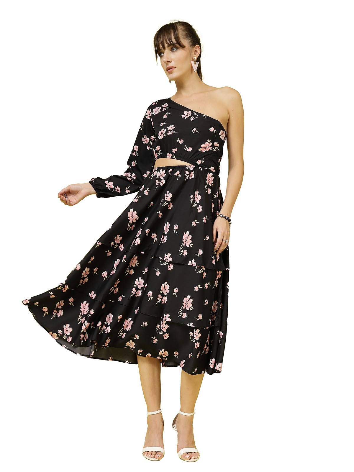 Oomph! Women's Western & Fusion Wear Printed Crepe Dress For Women, One Shoulder, Black - Md1074