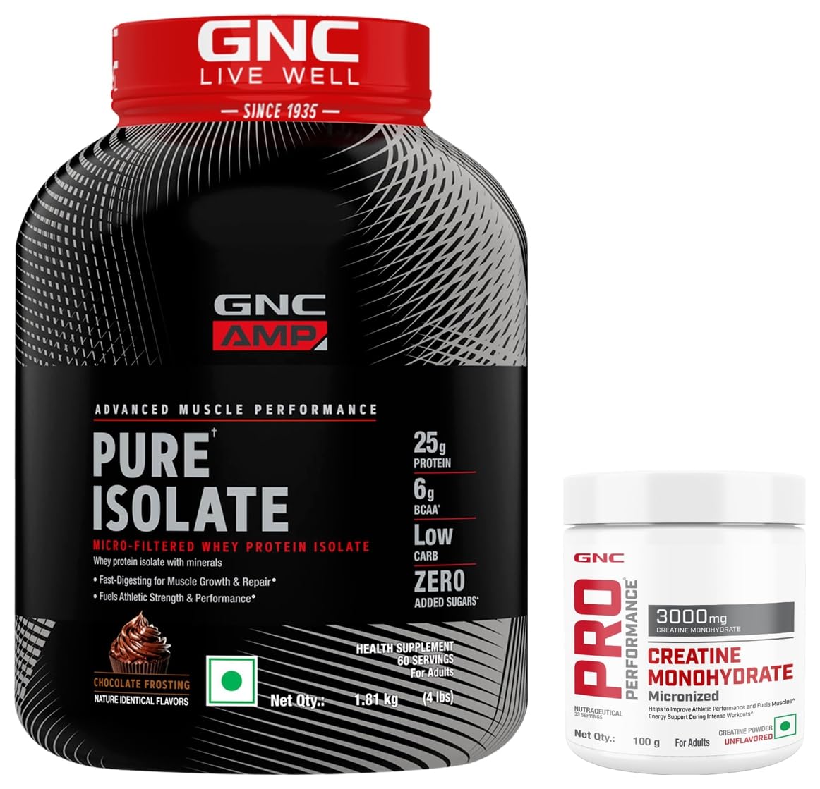 GNC AMP Pure Isolate Low Carb | USA Formulated | Chocolate Frosting | 4 lbs + GNC Pro Performance Pure Micronized Creatine Monohydrate | 100 gm (33 Servings) Combo Pack-image-33