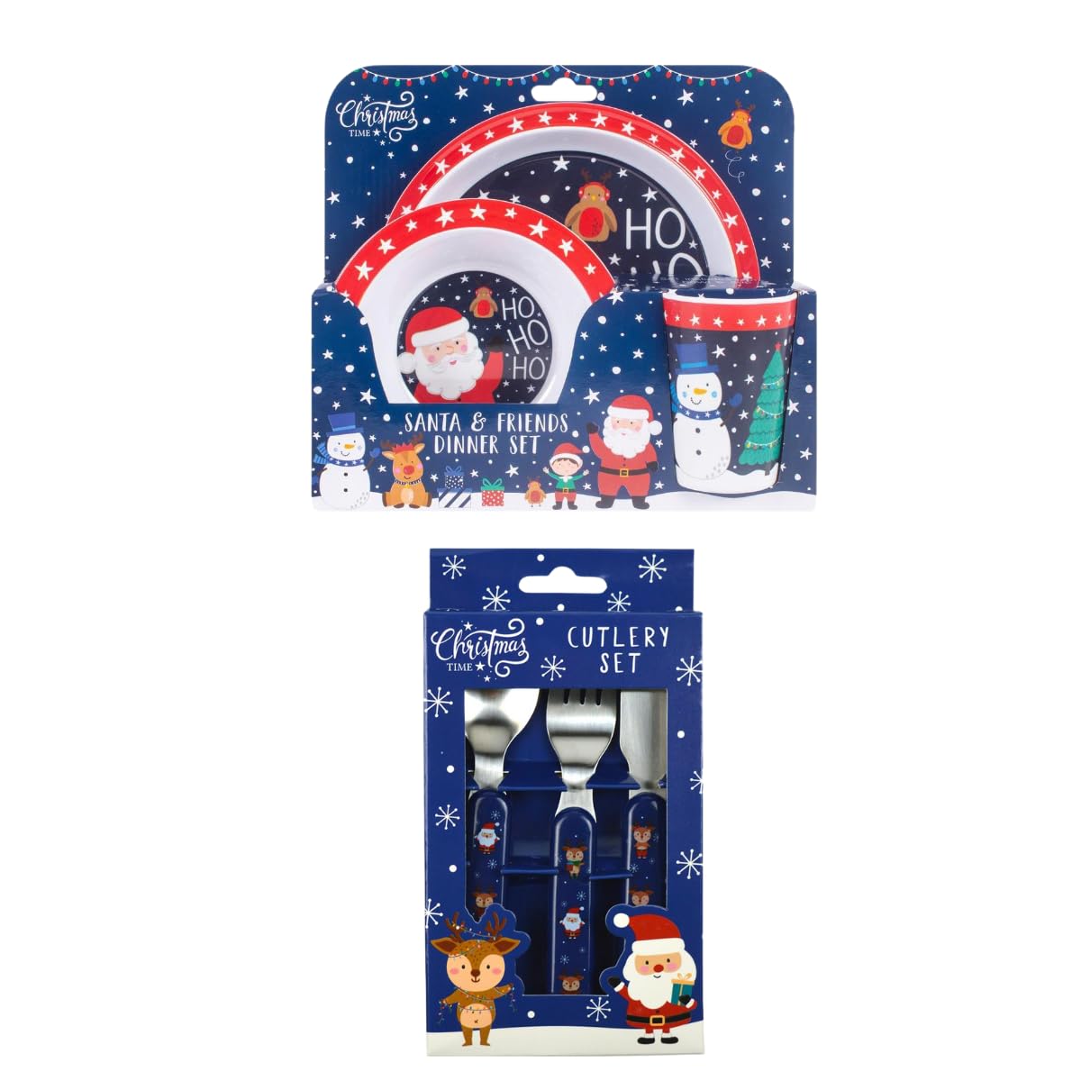 YöL 6 Piece Kids Christmas Dinner Set - Plastic Plate Bowl Cup Knife Fork Spoon Food Drink Breakfast Lunch Dining Table - Santa Reindeer Red Blue Snowflake Design Baby Toddler