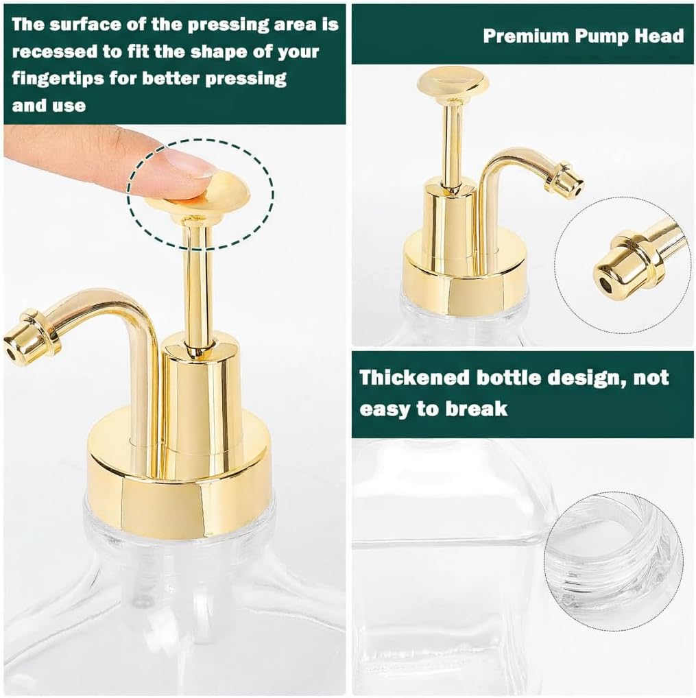 Coffee Syrup Dispenser for Coffee Bar, Clear Glass Syrup Bottles with Pump, Refillable Maple Syrup Storage, Coffee Station Accessories and Organizer, 500ml, Set of 2 + Tray (Gold)