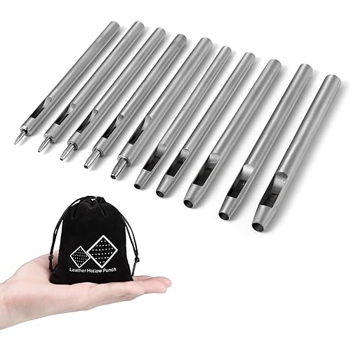 10 PCS Leather Hollow Punch Set Round Steel Leather Crafting Hollow Hole Punch Leather Tool 0.5mm-5mm Punch Tool Set Hole Cutter for Leather Belt Watch Band Eyelet Gasket w/Storage Bag