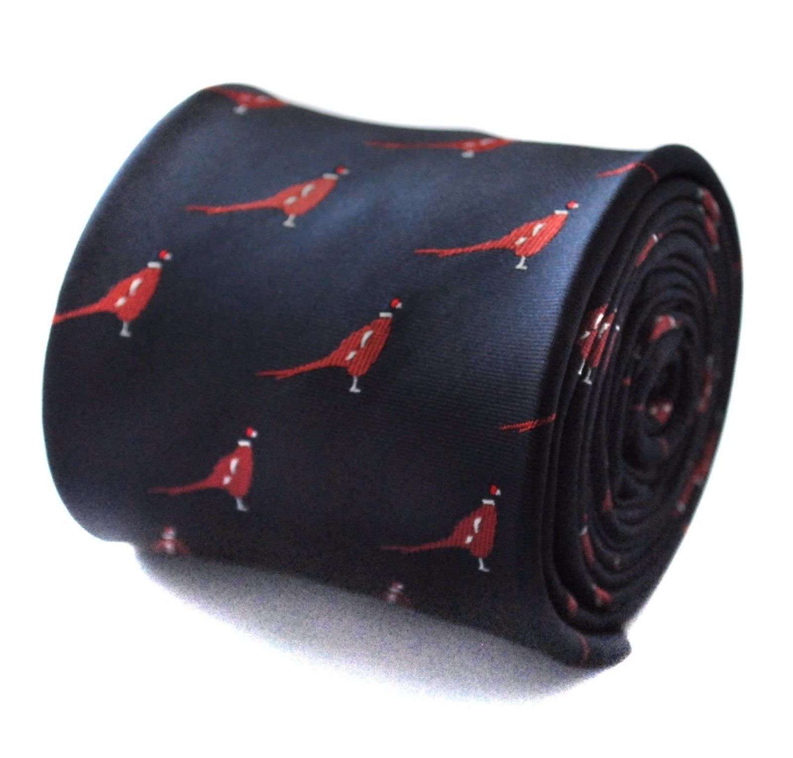 Frederick Thomas navy tie with pheasant pattern and signature floral pattern design to rear.