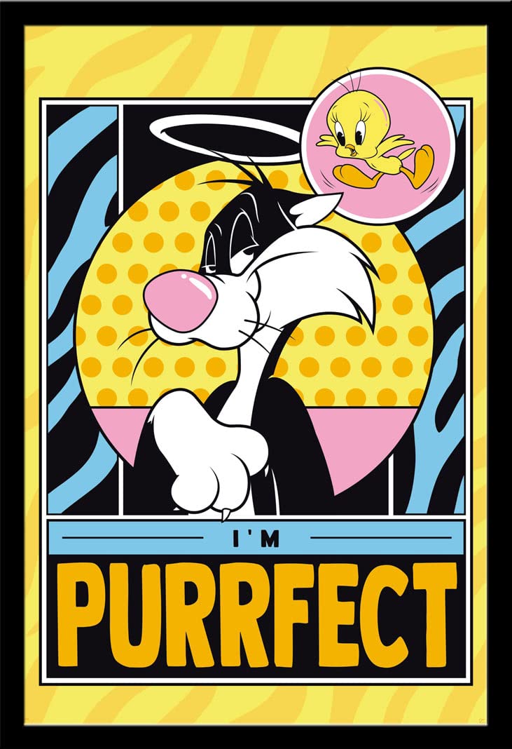 empireposter Looney Tunes - Poster Tweety & Sylvester, serie TV per bambini, dimensioni 61 x 91,5 cm + cornice intercambiabile, Shinsuke® Maxi MDF nero, disco acrilico