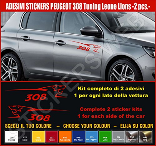 Pimastickerslab Kit autocollants pour Peugeot 308 Leone Lion 2 autocollants tuning auto couleur - voiture autocollante code 0494, Rosso cod. 031